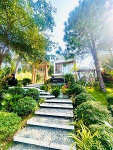 een tuin met stenen trappen en bomen en een bank bij Moriko Villa F3.19 Venus resort by Flamingo in Vĩnh Phúc