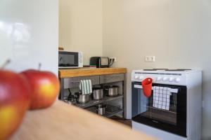 a kitchen with an oven with an apple on a table at Vogar Travel Service in Myvatn