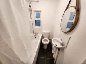 a bathroom with a sink and a toilet and a mirror at Goodison Accommodation in Liverpool