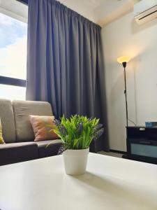 a living room with a couch and a table with a plant at Luxury Comfort Suite 3BR in Jelutong