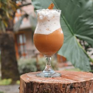 a drink in a glass sitting on top of a tree stump at Umbral Hotel Boutique in Villavicencio