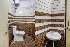 Duas fotografias de uma casa de banho com WC e lavatório. em FabHotel Grand Broholic em Hyderabad