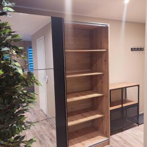 a large wooden bookcase in a room at Trinitix apartment in Tapa