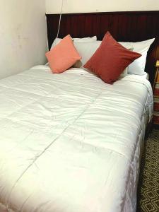 a white bed with red pillows on top of it at Apto Casa Antigua in Santa Ana