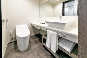 a bathroom with a sink and a toilet and a mirror at Hotel JAL City Fukuoka Tenjin in Fukuoka
