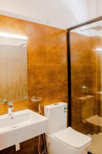 a bathroom with a sink and a toilet and a mirror at Ceylanro Transit Villa in Negombo