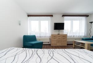 sypialnia z łóżkiem, krzesłem i telewizorem w obiekcie Penzion Bludička w mieście Litomyšl