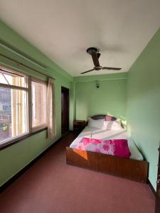 a green bedroom with a bed and a ceiling fan at Hotel Sweet Dreams thamel kathmandu in Kathmandu