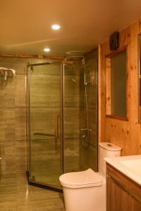 a bathroom with a glass shower with a toilet at LUXEGLAMP ECOSTAYS in Kūkkāl