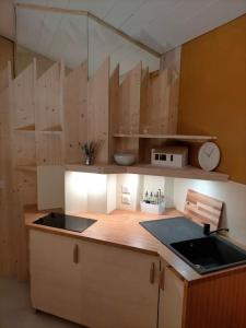 オーズヴィル・トロザーヌにあるStudio ambiance verdoyante et vue sur la valléeのキッチン(木製キャビネット、カウンタートップ付)
