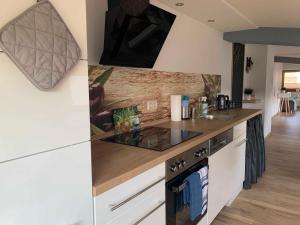 a kitchen with a stove and a counter top at Ferienwohnung In den Wiesen in Albertshausen