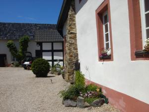 una casa con una ventana y flores en un patio en Haus Klara, en Mannebach