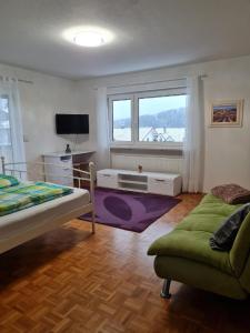 - une chambre avec 2 lits, une télévision et une fenêtre dans l'établissement Ferienhaus Falkenstein, à Frauenau