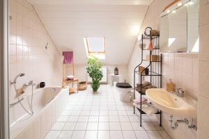 ein Badezimmer mit einer Badewanne, einem WC und einem Waschbecken in der Unterkunft Ferienwohnung Ziske in Bad Wildungen