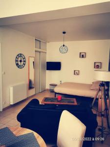 a bedroom with a bed and a couch and a table at Le Puits d'Amour in Villeneuve-sur-Yonne