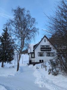uma grande casa branca na neve em Ferienwohnung im Hambach em Bad Berleburg