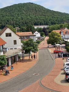 uma rua sinuosa numa pequena cidade com carros estacionados em Pension Bitter em Bad Wildungen
