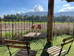 a table with two chairs and a vase with flowers at בוסתן החורש in Haifa