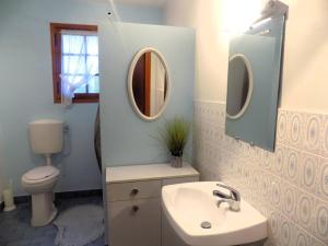 La salle de bains est pourvue d'un lavabo, de toilettes et d'un miroir. dans l'établissement Meschers sur Gironde - MAISON avec grand JARDIN proche PLAGE CENTRE VILLE, à Meschers-sur-Gironde