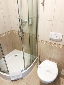a bathroom with a shower and a toilet at Hotel Logos in Gdańsk