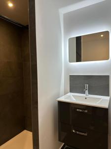 a bathroom with a sink and a mirror at Résidence le Prorel in Saint-Chaffrey