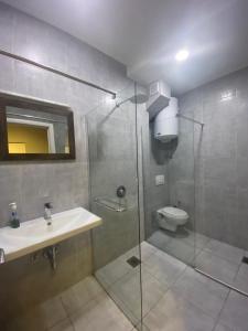 a bathroom with a shower and a sink and a toilet at Hotel Fama in Skopje