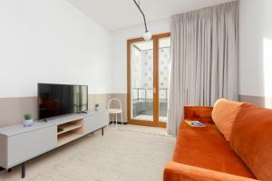 ein Wohnzimmer mit einem Sofa und einem TV in der Unterkunft Apartments Arsenal Warsaw City Center by Renters in Warschau