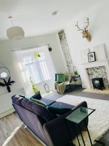 a living room with a couch and a fireplace at Cosy modern one bedroom flat in Hartlepool