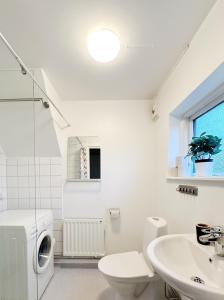 a white bathroom with a sink and a washing machine at Kåseberga Byhus in Ystad