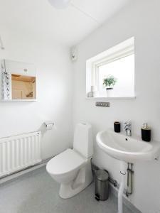a white bathroom with a toilet and a sink at Kåseberga Byhus in Ystad