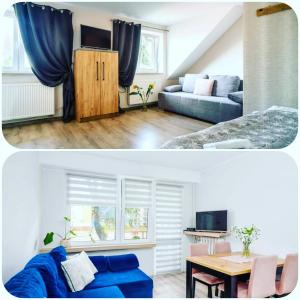 een woonkamer met een blauwe bank en een slaapkamer bij LOQUS Apartamenty Studia Pokoje in Płock