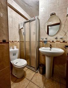 a bathroom with a toilet and a sink and a shower at Hotel Seven Park in Nevsehir