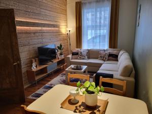 a living room with a couch and a table at Old Town Family Apartment in Valga