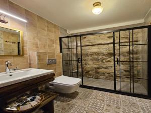 ein Bad mit einem WC, einem Waschbecken und einer Dusche in der Unterkunft Origin Suites Urla in Urla