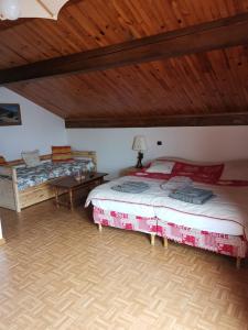 1 dormitorio con 2 camas y techo de madera en Chalet les Lurins, en Villarlurin