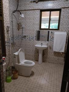 La salle de bains est pourvue de toilettes et d'un lavabo. dans l'établissement Bunyonyi Lakefront Leisure Lodge, à Kabale