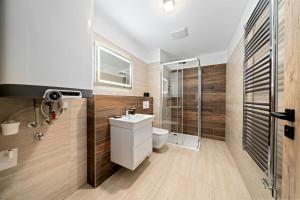 a bathroom with a toilet and a shower and a sink at Apartmány Mlýn Herlíkovice in Hořejší Vrchlabí