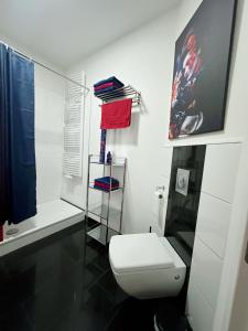 a bathroom with a toilet and a shelf with books at High Level Apartment in Mannheim