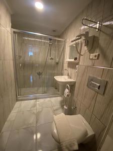 a bathroom with a shower and a toilet and a sink at Timex Suites in Istanbul