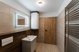 a bathroom with a sink and a wooden door at Apartmány Mlýn Herlíkovice in Hořejší Vrchlabí