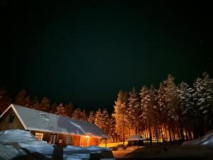 una casa cubierta de nieve por la noche con árboles en The Studio, en Skellefteå