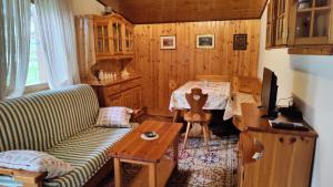 uma sala de estar com um sofá e uma mesa em La Casetta nelle Dolomiti em Perarolo di Cadore