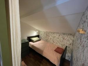 Dormitorio pequeño con cama en el ático en Appartement Cosy sous les toits, en Pont-d'Ain