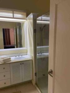 ein Bad mit einem Waschbecken, einer Dusche und einem Spiegel in der Unterkunft Oasis @ Richmond Estate - Ocho Rios - St Ann in Richmond