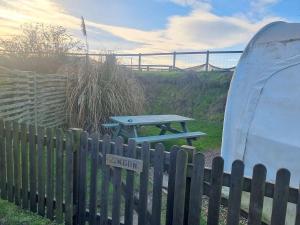 a picnic table and a surfboard next to a fence at Cosy 1 bedroom cabin- Moon Pod in Salisbury