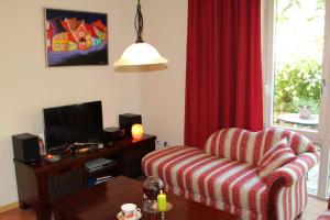 Una sala de estar con un sofá y un televisor. en Ferienwohnung „Rosarium“, en Gunzenhausen