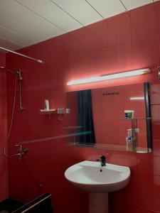 uma casa de banho vermelha com um lavatório e um espelho em Nina’s Sweet Home em Tbilisi