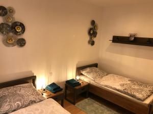- 2 lits jumeaux dans une chambre avec 2 miroirs dans l'établissement Mimalou Apartment in Zwickau, à Zwickau