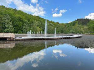 a bridge over a lake with a fountain at Aminas Ferienwohnung Bad Gandersheim 30/2 in Bad Gandersheim