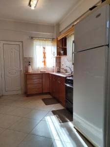 a kitchen with a white refrigerator and a window at Vasiliki house 1 in Vartholomio +6 photos